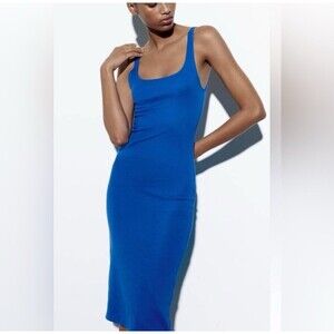 Zara New Women Sleeveless Squared Neckline Blue Midi Dress Size Large